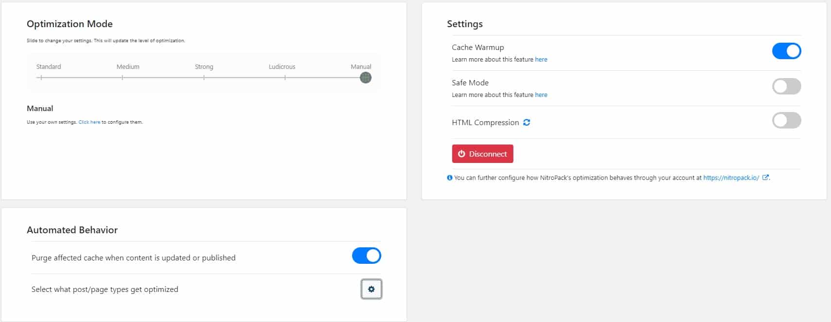 nitropack settings window in wordpress